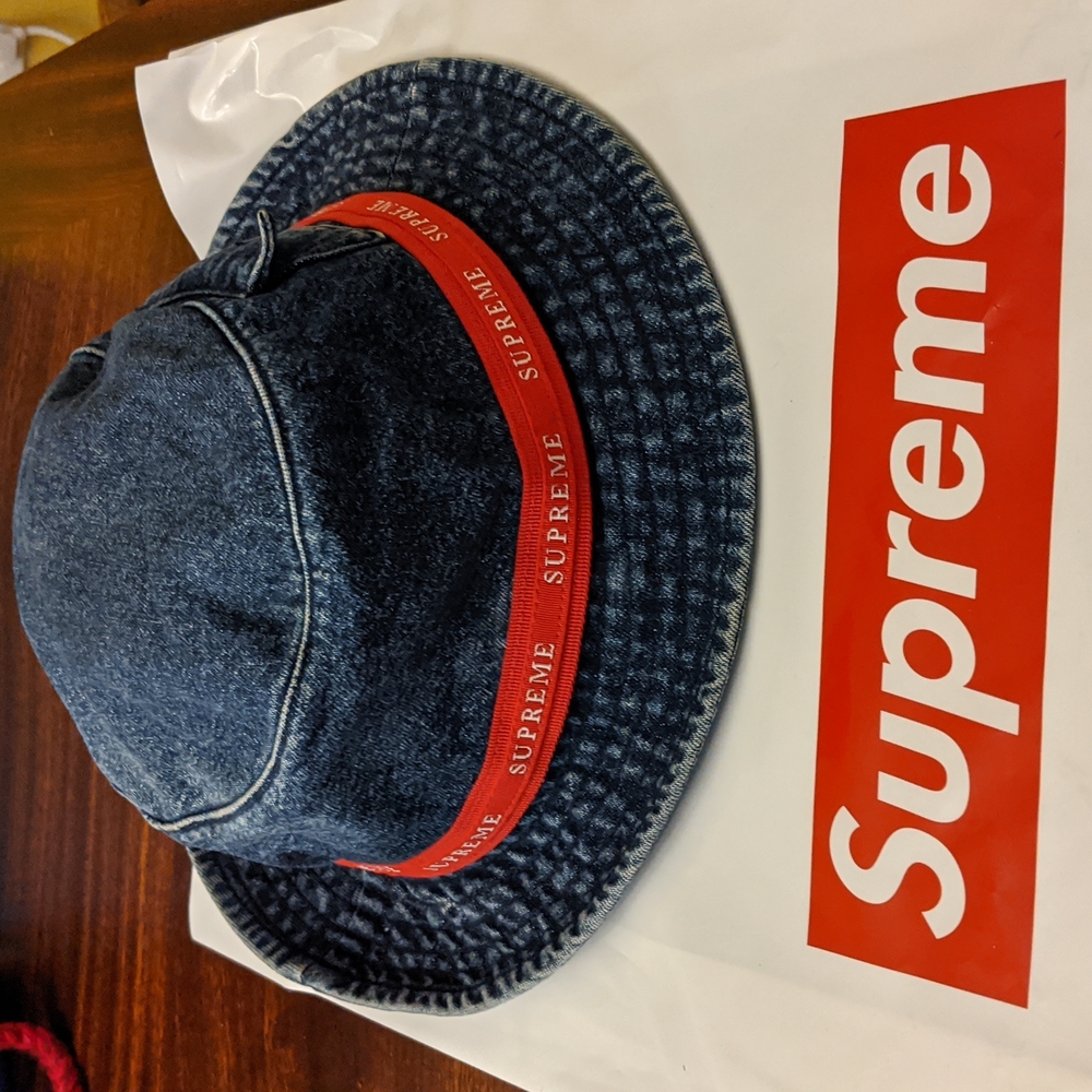 Supreme Denim Bucket Hat with Red Logo Band